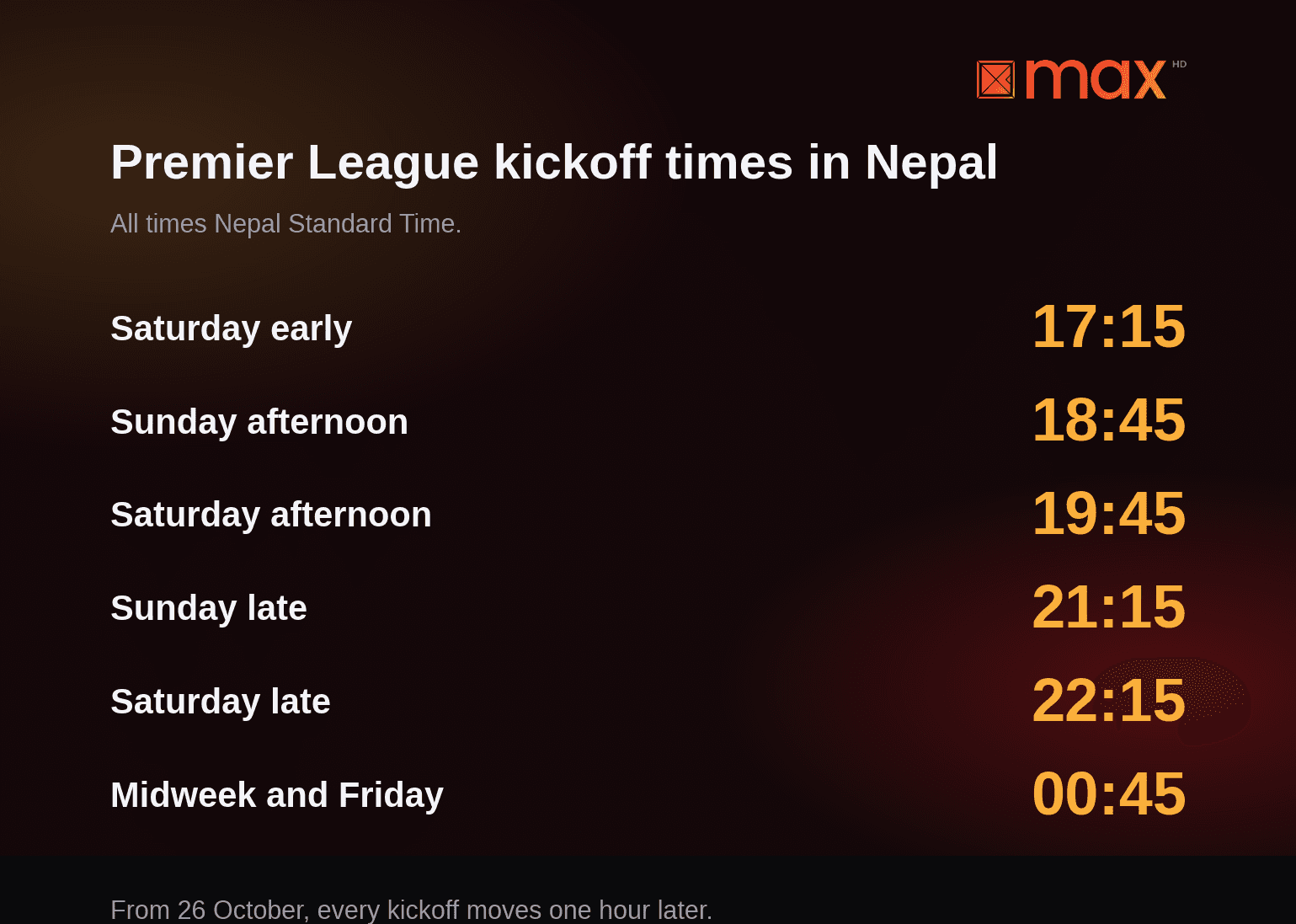 Premier League kickoff times in Nepal Standard Time: every UK match slot converted to NST for British Summer Time and GMT, live on Kantipur Max HD