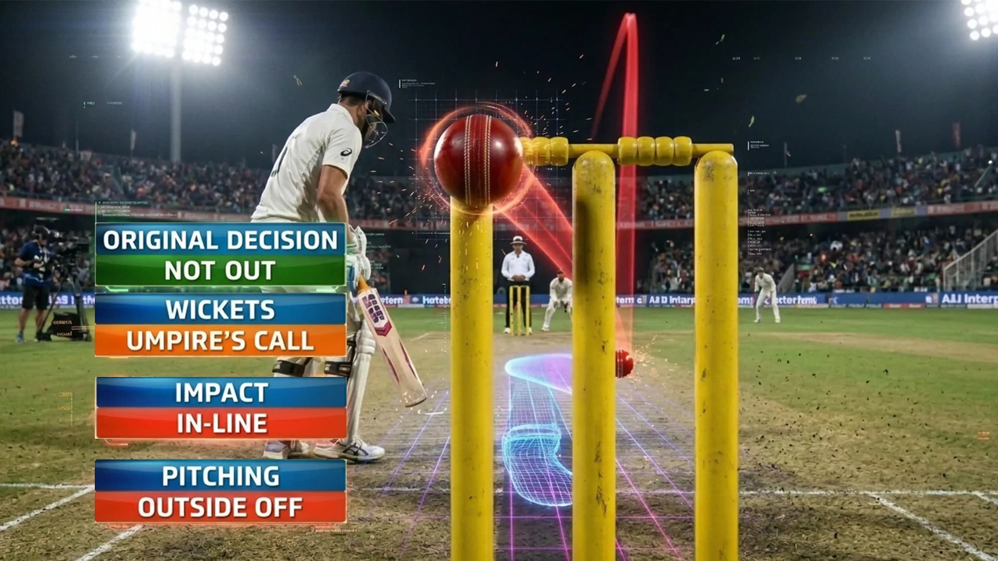 Cricket Decision Review System (DRS) ball tracking visualization showing an Umpire's Call decision on an LBW appeal.
