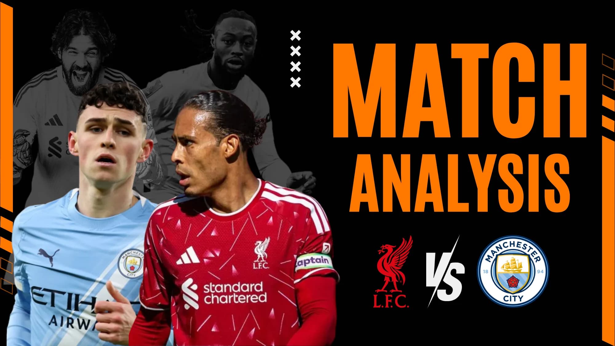 Liverpool vs Manchester City match analysis thumbnail featuring Phil Foden in Manchester City light blue and Virgil van Dijk in Liverpool red.