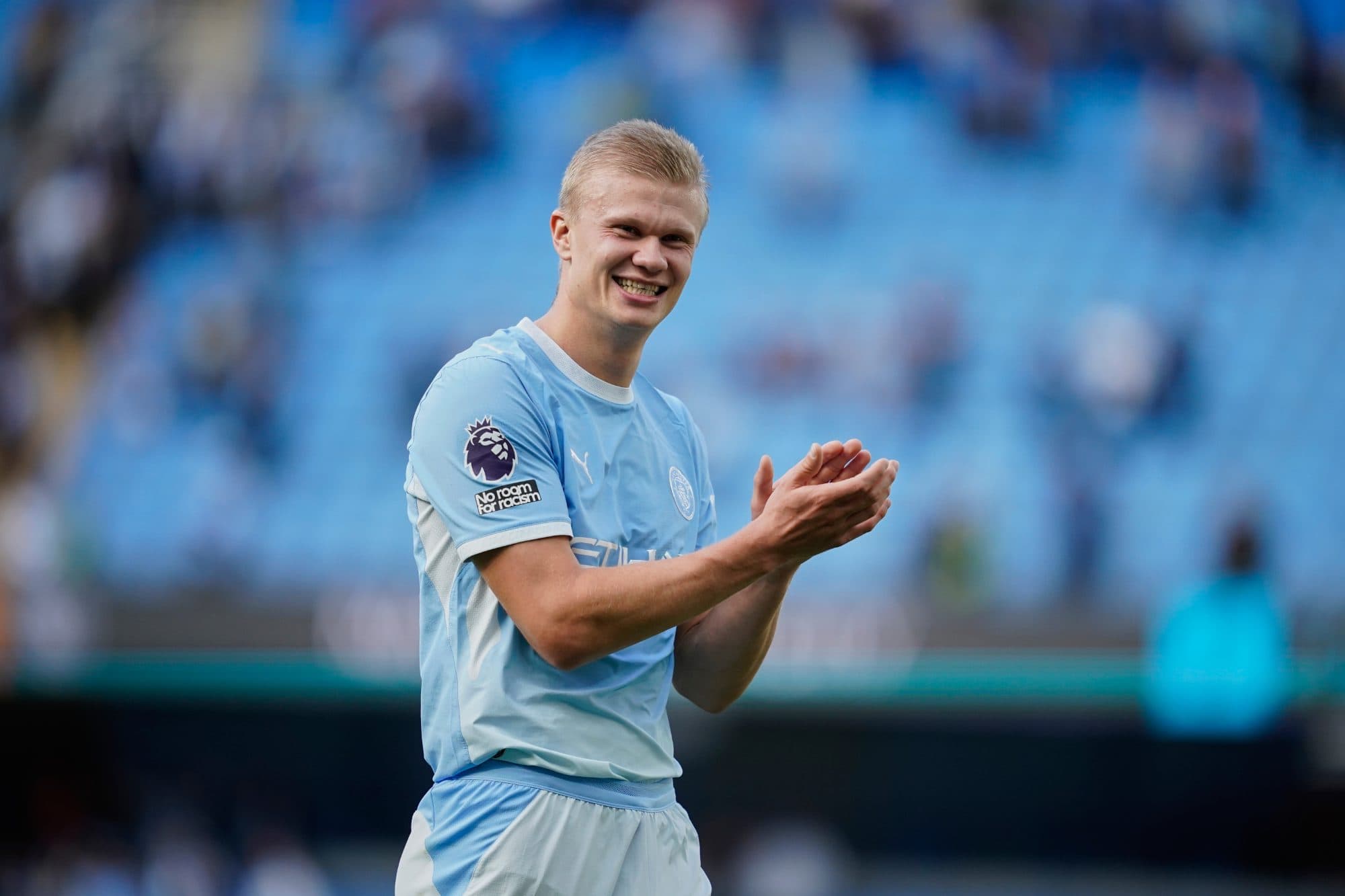 Erling Haaland celebrates scoring for Manchester City against Sunderland, the Premier League top scorer in 2026/27