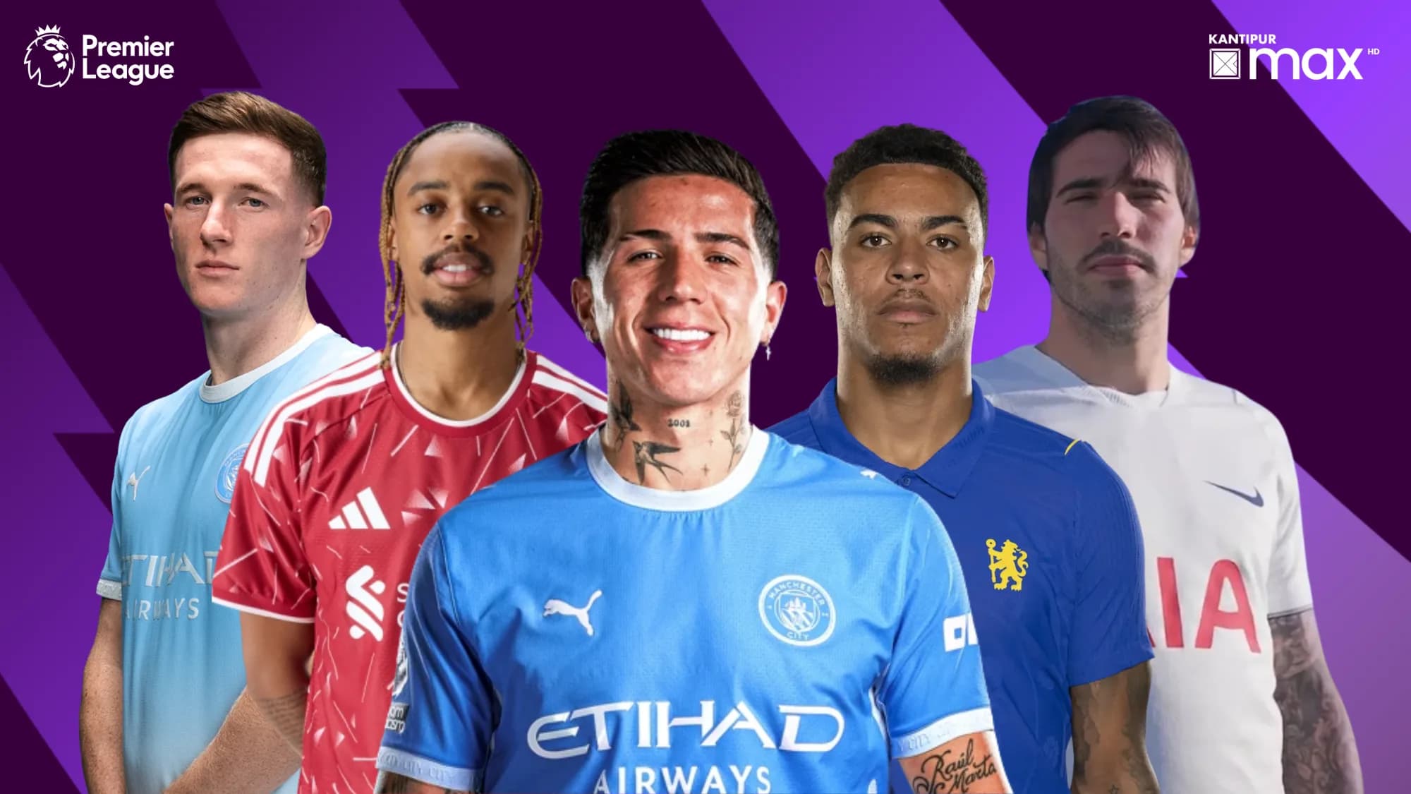 Kantipur Max HD graphic showcasing major Premier League transfers featuring Enzo Fernández, Morgan Rogers, Sandro Tonali, and Bradley Barcola in their club kits.
