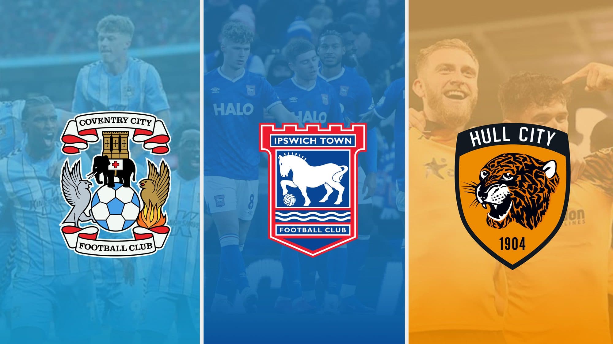 A three-panel image featuring the official club logos of Coventry City, Ipswich Town, and Hull City overlaid on tinted photographs of their respective players